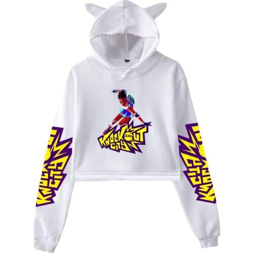 Knockout City Spring Printed Cat Ears Kawai Hoodie Girl Long Sleeve Sweet Sexy Short Hoodie tops