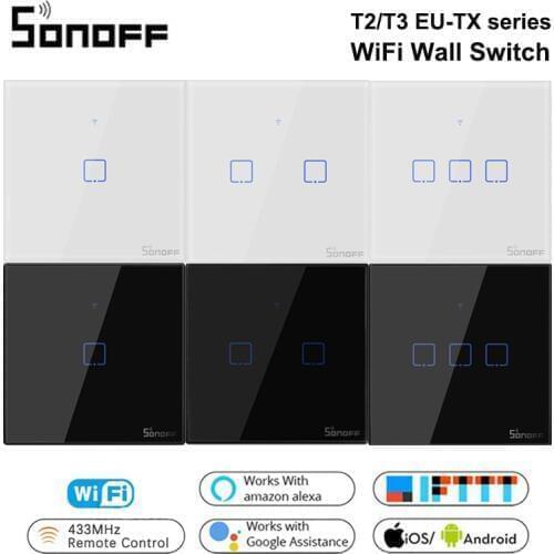 SONOFF T3 T2EU TX Smart switch Wifi Wall Touch light Switch Smart Home 1/2/3 Gang 433 RF/Voice/APP/Touch Control Work With Alexa