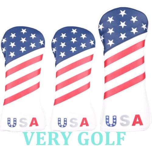 Golf Head Cover White and Blue Stitching PU Leather with USA Star Headcover Driver Cover Fairway Wood Cover Hybrid Cover