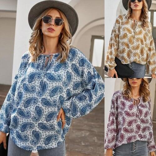 Womans Casual Long Sleeve T-shirts Women Loose Tunic V-Neck Shirt Ladies Vintage Print Clothing For Female Top Crop Tshirts