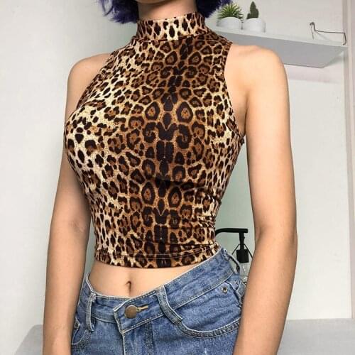 European Style High Street Leopard Women Tank Tops Turtleneck Shoulderless Vest for Ladies Sexy Tops