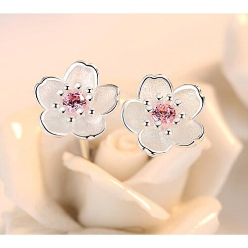 Silver 925 Jewelry Sterling Silver Earrings Cherry Blossom Inlaid Pink Zircon Ear Studs Simple and Popular Earrings for Women
