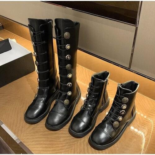 New Woman Long Boots Retro Metal Button Boots For Women Mid Calf Boots Thick Bottom Slip On Round Toe Female Shoes Elegant 2021
