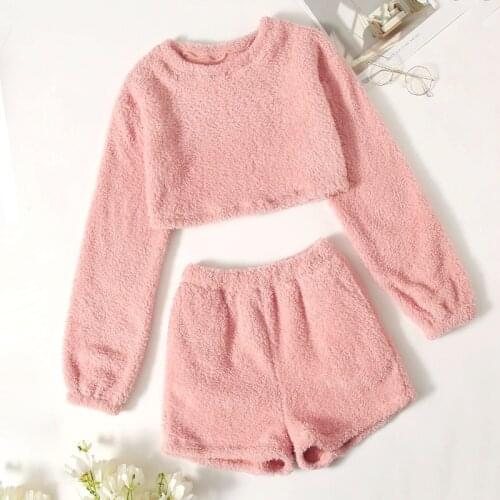 Womens Set Butterfly Printing Pajama Sets Autumn Warm Soft Pink Long Sleeve O-neck Pullover Tops + Shorts Set Women Winter Suit