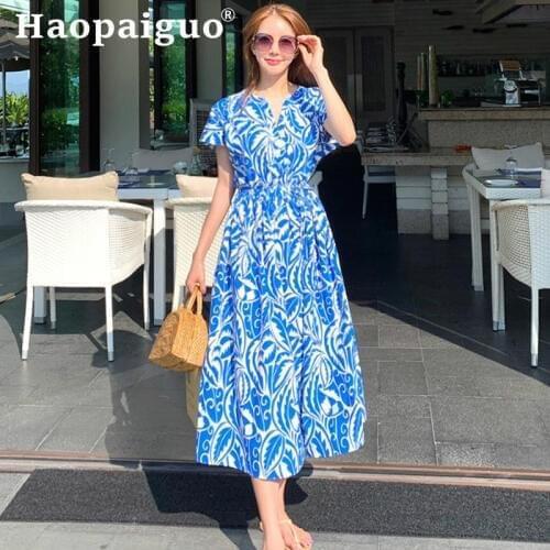 Plus Size Big Swing Korean Dress Women Short Sleeve Corset Print Leaves Midi Dress Women Loose Bohemian Dress Summer 2019 Jurken