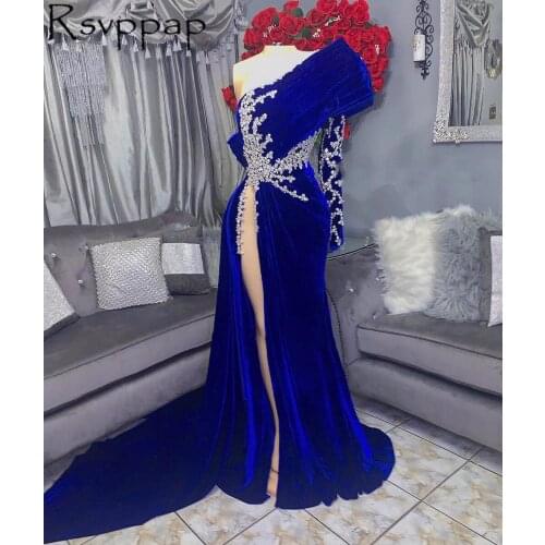 Royal Blue Mermaid Africa Style Long Prom Dresses 2021 Heavy Beaded Top Single Long Sleeve Sexy High Slit Party Prom Dress