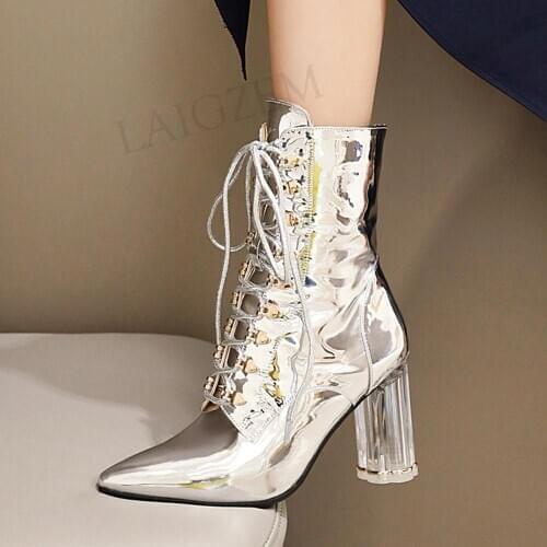 BERZIMER FASHION Women Ankle Boots Clear Chunky Heels Booties Botas Zapatos Mujer Ladies Dress Shoes Woman Large Size 33 42 43