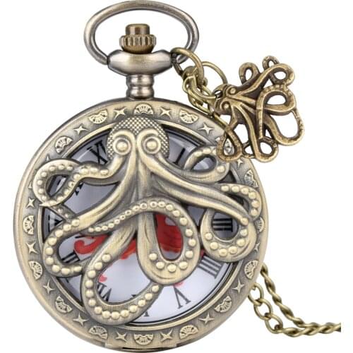Bronze 3D Hollow Octopus Quartz Pocket Watch Retro Necklace Pendant Pocket Clock with Accessory Gifts Men Women