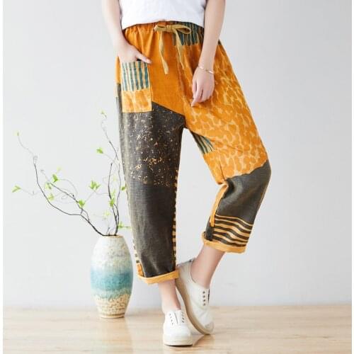 Women Loose Bleached Printed Pants Ladies Elastic Waist Vintage Print Trousers Female 2019 Spring Contrast Color Pants