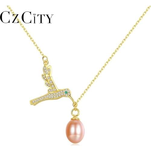CZCITY Lovely Bird Pearl Necklaces for Women with Micro Shiny CZ Bridal Wedding Gift 925 Sterling Silver Fine Jewelry FN0236