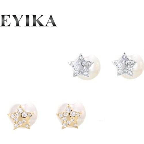 EYIKA Cute Little Star Stud Earrings Pearl Ear Plug Cubic Zirconia Pendientes Mujer Gold Silver Color Women Jewelry for Gift