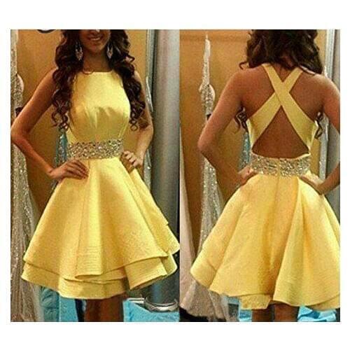 Short Beaded Yellow Satin Homecoming Dresses with Pockets Sexy Back Knee Length Birthday Graduation Dresses for Juniors