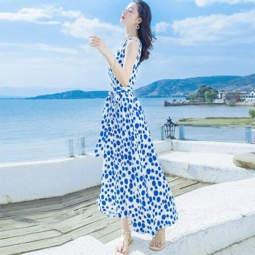 Summer V neck blue dot dress long skirt Holiday Beach lace up dress