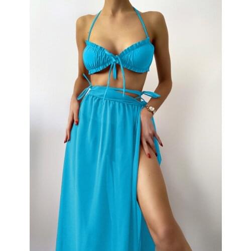 Fashion Solid Bandage Swimsuit 3 Pieces Set Beach Bathing Suit Swimwear Sexy Thong Biquini Bikini Set 2021 Women Cover Ups