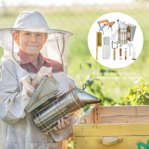 10pcs Beekeeping Tool Set Hive Smoker,Scraper, Sweep, Knife, Frame Lifter, Clip, Wire Embedding, King Marker, Water Feeder,Glove