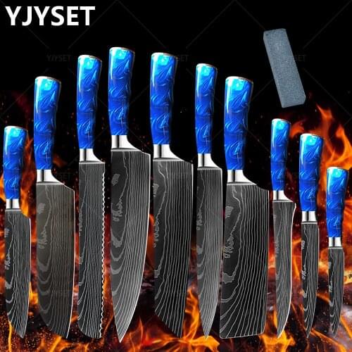 Kitchen knives Set Exquisite blue resin handle Laser Damascus pattern Chef knife Santoku Cleaver Slicing Knives Set Best Gift