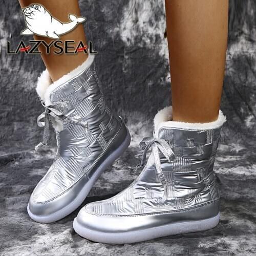 LazySeal 2020 New Warm Winter Snow Boot Shoes Women Silver Furry Lace Up Transparent Jelly Shoes Plush Ankle Boots Big Size 43