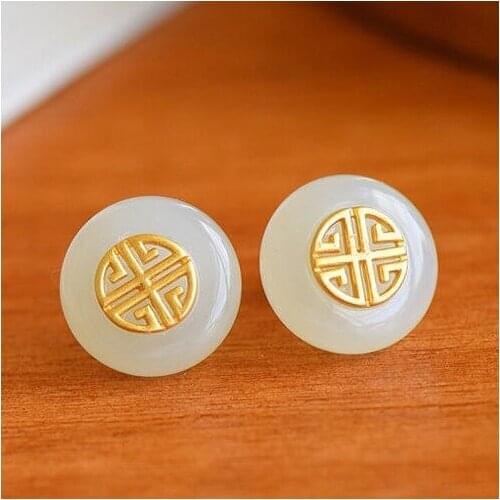 New silver inlaid natural Hetian white jade earrings Chinese style retro unique ancient gold craft charm womens brand jewelry