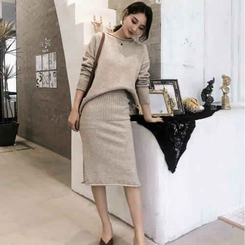 Autumn and winter ladies knit womens sets 2019 new solid color loose large size knitted pullover Casual high waist skirt set