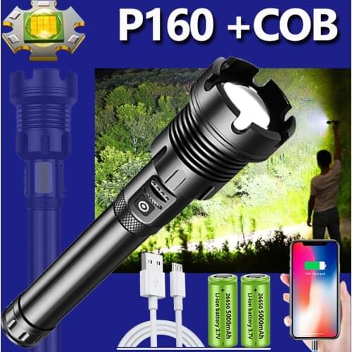 Rechargeable Led Tactical Flashlight XHP160 16 Wick Powerful Flashlight with COB Work Light Waterproof Zoomable Torch for Adults