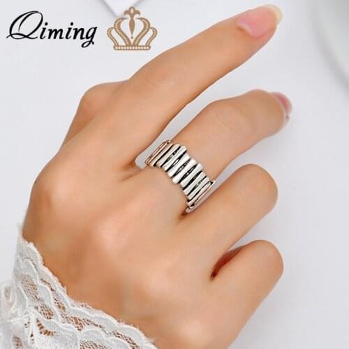 QIMING Silver Vintage Punk Rings For Women Hip Rock Geometric Everyday Jewelry Handmade Men Ring Birthday Gift