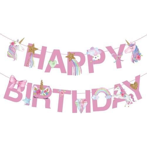 Pink Unicorn Happy Birthday Banners Unicorn Theme Party Wall Backdrops Birthday Letter Hanging Banner Decoration