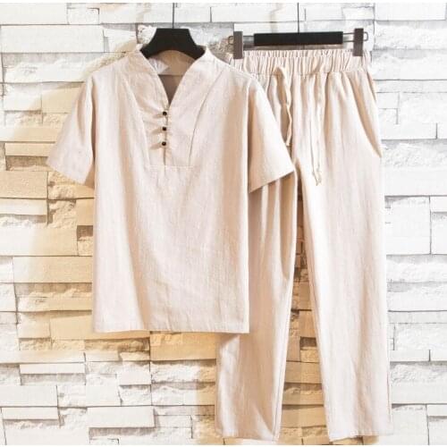 Shirt + trousers) summer fashion men shirt women Cotton and linen shirts Short sleeve mens casual shirts men size M to 5XL