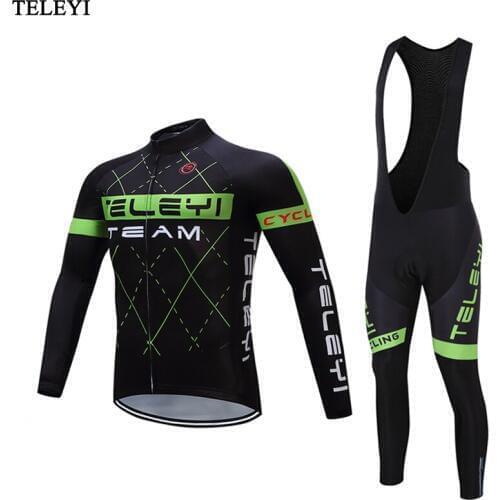 TELEYI Green Black Team Ropa ciclismo Pro Cycling jersey bib pants padded Black/white /Long sleeve Windproof Sports Clothing set