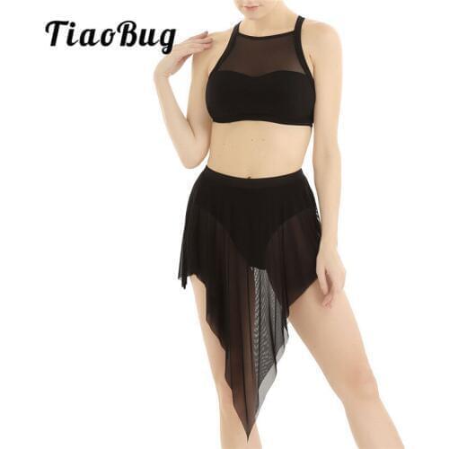 TiaoBug Women Dancewear Sleeveless Two-piece Gymnastics Crop Tops with Mesh Leotard Skirt Set Ballet Dress Lyrical Dance Costume