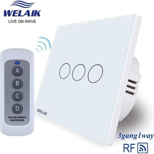 WELAIK UK RF 433MHZ Wall-Touch Switch-Crystal Glass-Panel Switch-LED Lamp-Remote Control-Smart-Switch 3gang-1way B1933CW/BR01