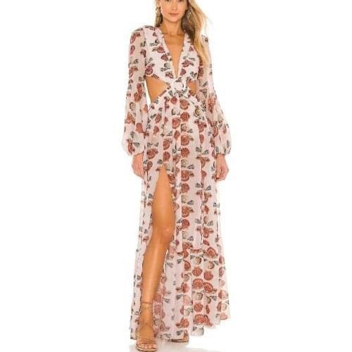 Vintage Lantern Long Sleeve Bohemian Dress Summer Autumn 2022 Women Sexy Hollow Out Waist Pleated High Split Maxi Dresses