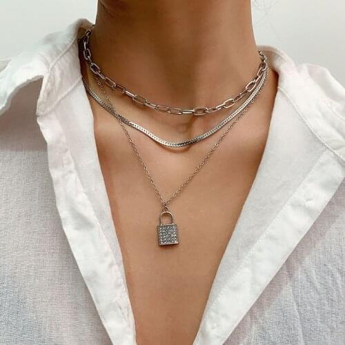 Vintage Multilayer Rhinestone Lock Pendant Necklace Women Punk Thick Chains Geometric Clavicle Necklaces Pendants Jewelry Kolye