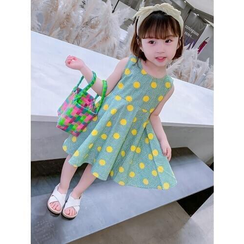 Polka Dot Green Summer Short Girl Dress Cotton Sleeveless Cute Princess Girls Dress Boutique Outfits Robe Enfant Clothes BW50DR