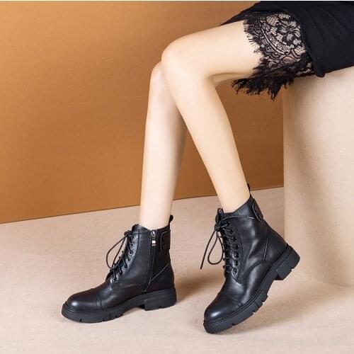 Womans Martin Boots Round Toe Lace Up Square Heels Genuine Leather Ankle Boots High Quality Handmade Zipper Warm Lady Shoes