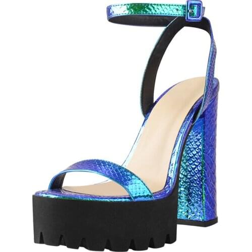 Richealnana Summer Womens Platform Sandals Chunky High Heels Ankle Strap Buckle Band Patent Leather Crocodile Print Plus Size