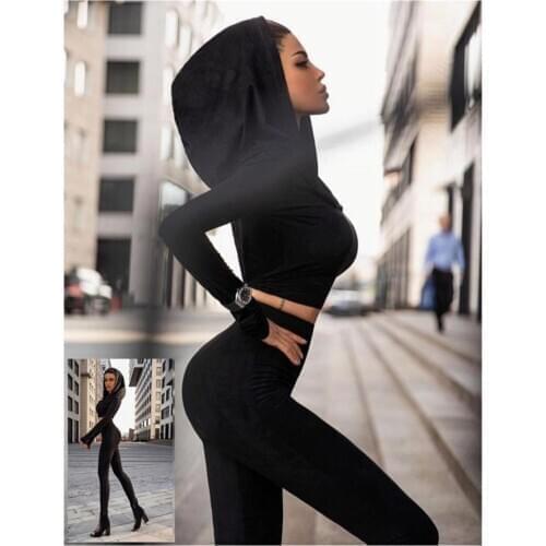WOMEN Black Hooded Shiny Velvet Sports Leggings Set WOMEN RECOVERY HIGH WAIST