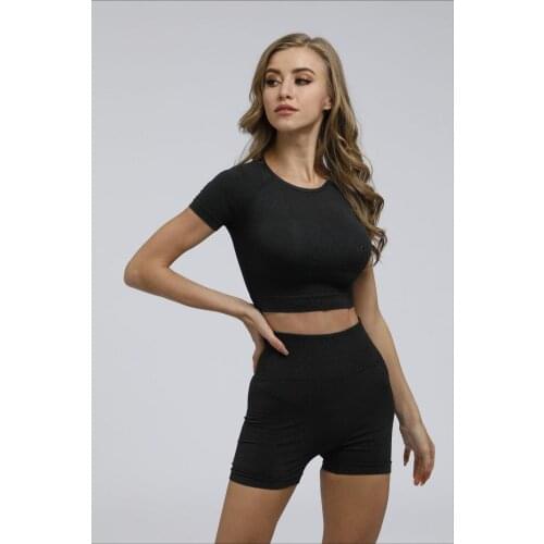 Women 2pcs Seamless fitness Yoga Set Sport Gymwear Workout Outdoor Running short-sleeved shorts cropped clothing suits