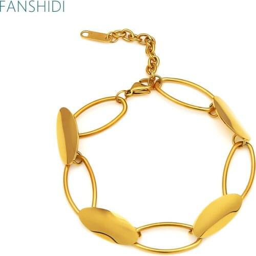 FANSHIDI Bracelet For Women Stainless Steel Geometric Oval Bracelet Gold Color Charm Bangle luxury Jewelry