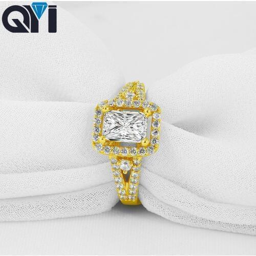 QYI 14K Solid Yellow Gold Split Band Halo Ring Vintage Rectangle Cut Sona Simulated Diamond Rings For Women Jewelry