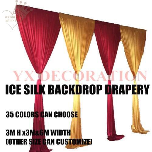 Gold And Red 3X3M Ice Silk Wedding Backdrop Curtain Swag Drapery Stage Background Photo Booth
