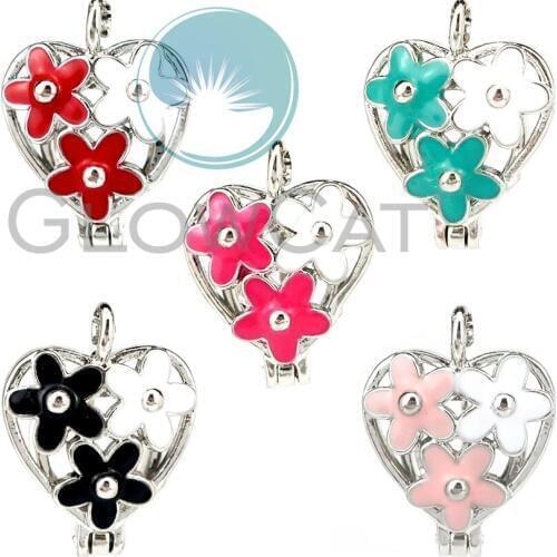20x Colors Enamel Flower Heart Stone Beads Cage Locket Pendant Perfume Diffuser Pearl Cage Lovers' Gift