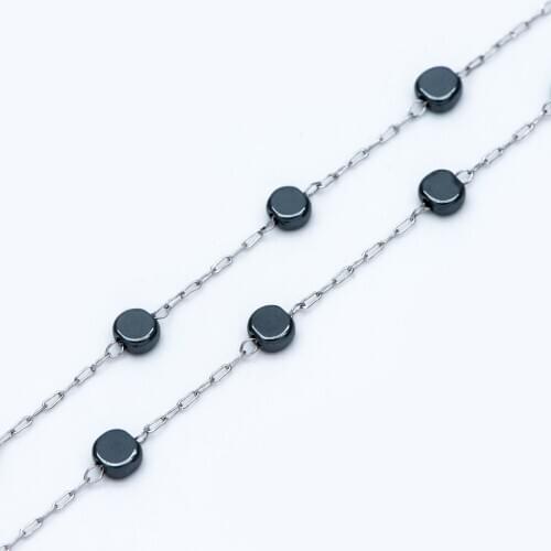 Stainless Steel 4mm Coin Hematite Beads Chain, Silver tone DIY Chain Wholesale (#LK-380-4)/ 1 Meter=3.3 ft