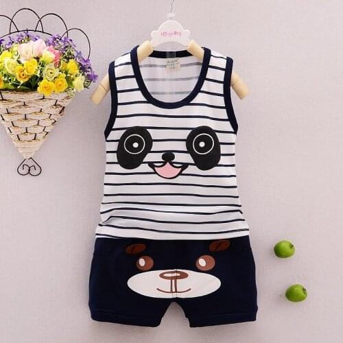 Childrens Suit Summer Baby Boys Clothes Cartoon Cotton Striped Sleeveless T-shirt+Pants Sportswear Infant Girls Outfits