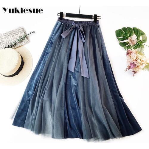 Long Tulle Skirt Women 2019 Spring Summer Gradient Korean Elegant High Waist A-line Pleated School Midi Skirt Female skirts