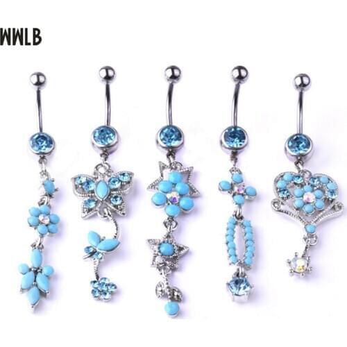 Flower Star Heart Belly Button Rings Surgical Steel Barbell Dangle Blue Bead Rhinestone Butterfly Navel Body Piercing Jewelry