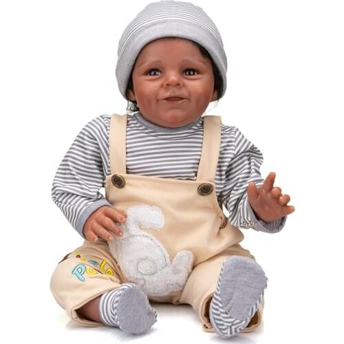Reborn Baby Doll 55CM Shaya In Dark Brown Skin African American Baby Boy Sweet Face Cloth Body Toddler Reborn Boy Doll