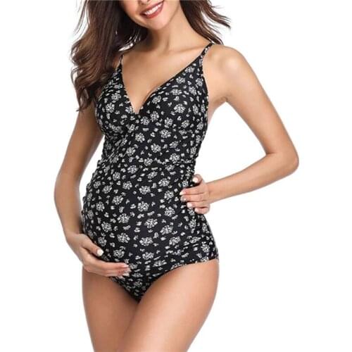 Summer Pregnant Women Swimwear Floral Printed Pattern Deep V-neck Sleeveless Monokini Swimsuit Ladies Beachwear Bikini