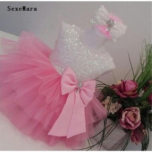 Cute pink white/ivory sequin tulle flower girl dress sleeveless toddler pageant costume kids Princess dress tutu outfits