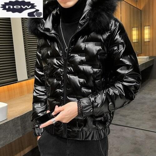 2021 Winter Thick Warm Mens Hooded Coat Faux Fur Collar Down Parka Fashion Casual Zipper Solid Plaid Short Jacket