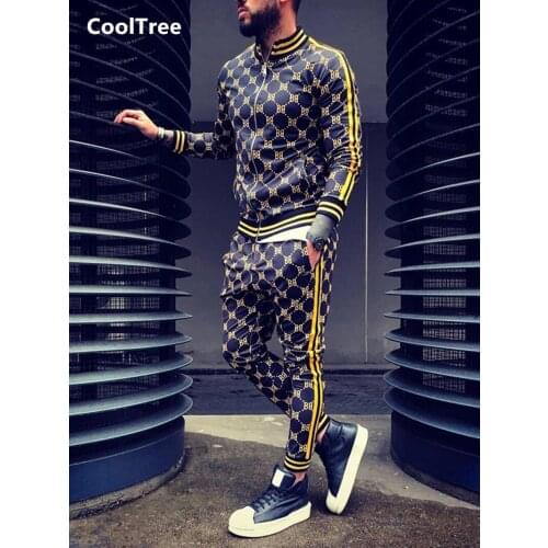 CoolTree Men Sport Suits Spring Autumn 3D Print Jacket and Pant Two-piece suit Male European American Trends Fitness Streetwear